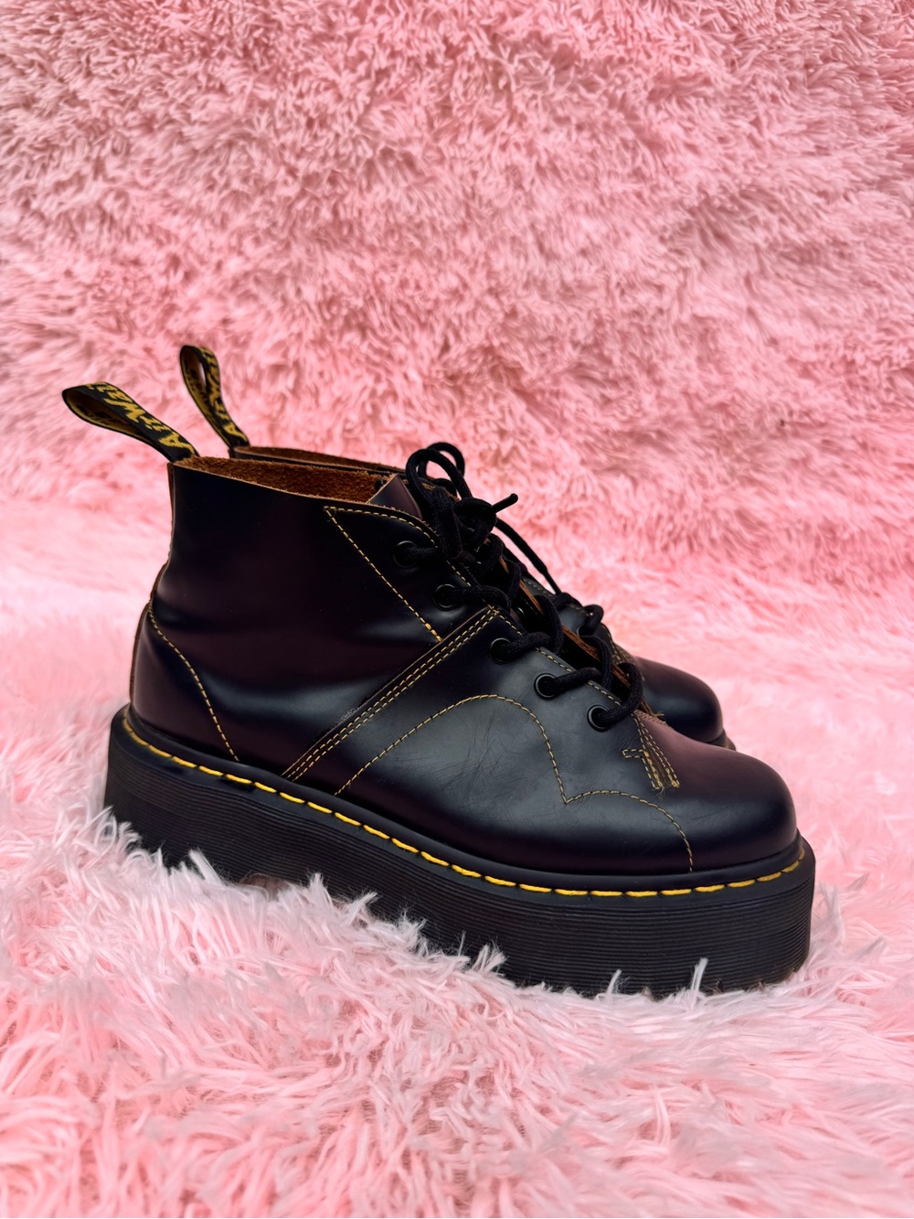 Dr. Martens Black Lace-Up Platform Boots with Yellow Stitching - Picture 3 of 6